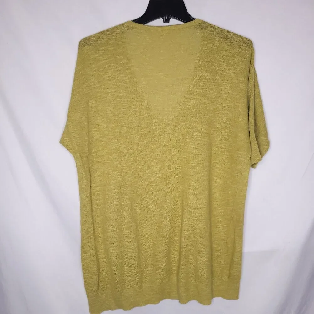 Eileen Fisher Sweater Large Green Organic Linen/Cotton V Neck